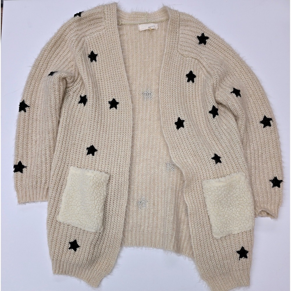A'reve Cream Star Print Fuzzy Open Front Cardigan Sherpa Pockets S/M AJ4357-F4S2